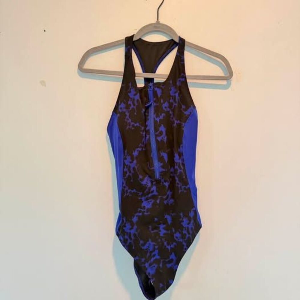 Fabletics One-Piece Racerback Front Zip Swimsuit Blue Black Pattern Medium
